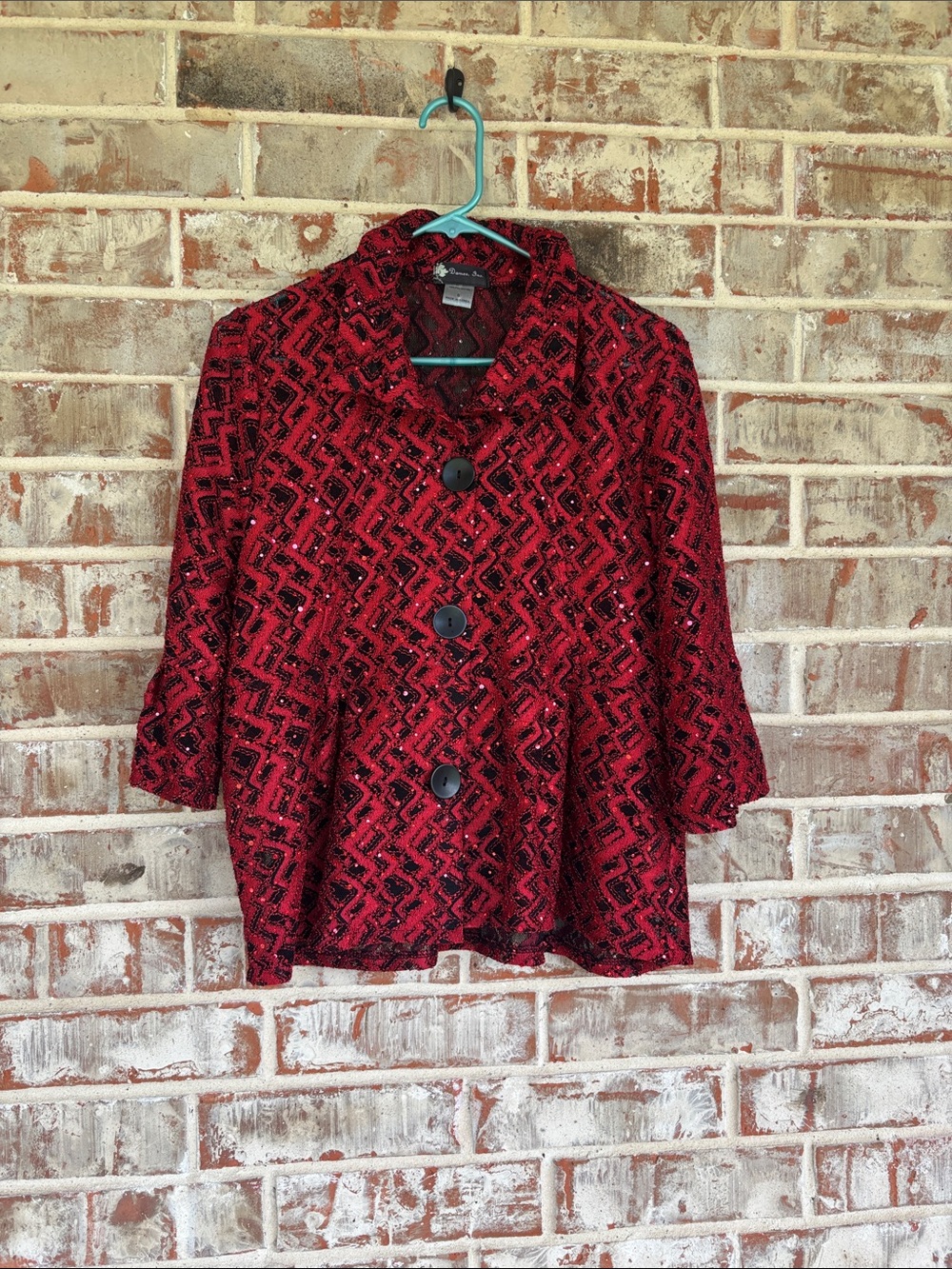Damee Inc Red Black Semi Sheer Sequins Glam Funky Peplum Mesh Jacket
